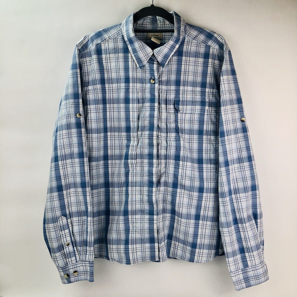 LL Bean Womens XL Blue White Plaid 3XDRY Cotton Long Sleeve Button Shirt 0CGJ5